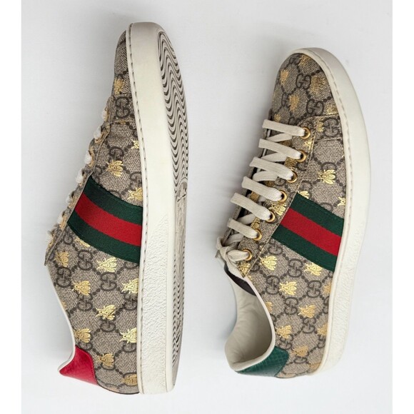 Gucci Ace Beige GG Monogram Bee Canvas Lace Up Low Top Sneaker EU 39 US 9 - Picture 7 of 12